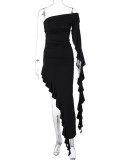One Shoulder Pleated Solid Slim Long Dress BLG-D3412275A