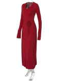 V Neck Slim Tie Up Long Sleeve Maxi Dress BLG-D3914310K