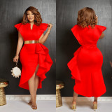 Fashion Solid Color Ruffle Irregular Dress(With Waist Belt) BY-6740