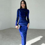 Solid Color Slim Pleated Long Sleeve Midi Dress BLG-D3B14885A