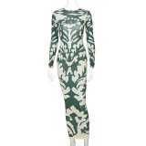 Fashion Backless Long Sleeve Print Midi Dress BLG-D144890K