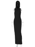 Solid Sleeveless Hooded Split Maxi Dress BLG-D3312010A