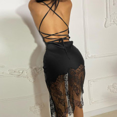 Sexy Tie Up Splicing Lace Backless Midi Dress BLG-D0C4227A