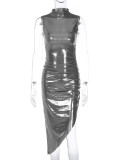 Solid Color Sleeveless Pleated Irregular Dress BLG-D2B11149K