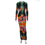 Fashion Print O Neck Long Sleeve Maxi Dress BLG-D289952A