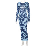 Fashion Backless Long Sleeve Print Midi Dress BLG-D144890K