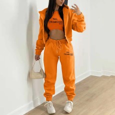 Fleece Sweatshirt Hooded Letter Print Three Piece Pants Set TK-6310