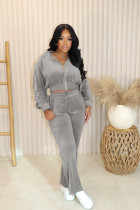 Solid Color Hooded Velour Two Piece Pants Set CQ-220
