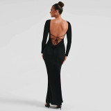 Long Sleeve Backless Tie Up Maxi Dress BLG-D3914074A