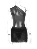 Sexy Patchwork Slash Shoulder Bodysuit  Plush Skirt Suit BLG-S289860A