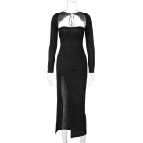 Long Sleeve Hollow Out Split Maxi Dress BLG-D3813677K