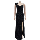 Sexy Sequin Solic Sling Maxi Dress BY-6789