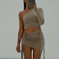 Single Shoulder Long Sleeve Crop Tops 2 Piece Skirt Set BLG-S2810040K