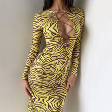 Print Hollow Long Sleeve Bandage Dress BLG-D1B7217A