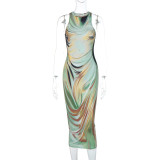 Fashion Print Slim Sleeveless Long Dress BLG-D3512869K