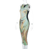 Fashion Print Slim Sleeveless Long Dress BLG-D3512869K
