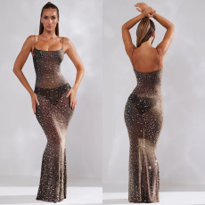 Mesh Hot Diamond Sling Maxi Dress BY-6726