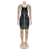 Solid Color Mesh Hot Drill Mini Dress BY-6730