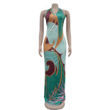 Print Halter Tie Up Backless Maxi Dress BY-6763
