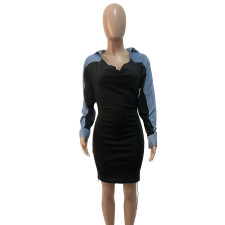 Long Sleeve Faux Denim Patchwork Mini Dress QYXZ-9161
