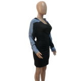 Long Sleeve Faux Denim Patchwork Mini Dress QYXZ-9161