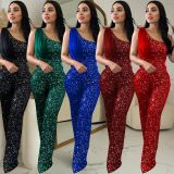 Sleeveless Single Shoulder Sequin Jumpsuit BY-6778