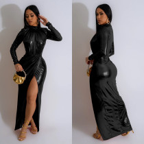 Solid Stamped Long Sleeve Pleated Maxi Dress BY-6766