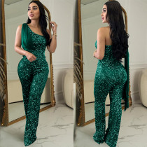 Sleeveless Single Shoulder Sequin Jumpsuit BY-6778