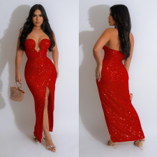 Solid Color Sexy Sequin Tube Tops Maxi Dress BY-6782
