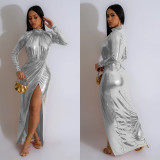 Solid Stamped Long Sleeve Pleated Maxi Dress BY-6766
