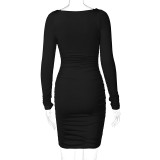 Long Sleeve Pleated Solid Midi Dress BLG-D0A3663H