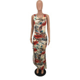 Fashion Print Pleated Split Maxi Dress MEI-9004