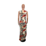 Fashion Print Pleated Split Maxi Dress MEI-9004