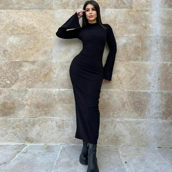 Long Sleeve Solid Color Slim Maxi Dress BLG-D3B14813A