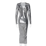 V Neck Pleated Long Sleeve Midi Dress BLG-D3B14798A