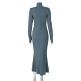 Long Sleeve Solid Slim Zipper Maxi Dress BLG-D3A14614A