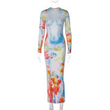 Long Sleeve Print Slim Maxi Dress BLG-D3512748A