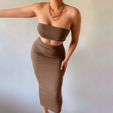 Solid Color Wrap Chest Tops Two Piece Skirt Set BLG-S155164A