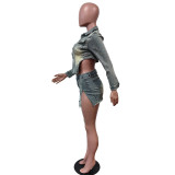 Fashion Denim Irregular Tops Two Piece Skirt Set MEM-88547