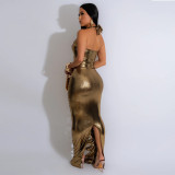 Metallic Color Pull Ring Hollow Out Backless Split Nightclub Dress MUE-8038
