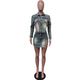 Fashion Denim Irregular Tops Two Piece Skirt Set MEM-88547