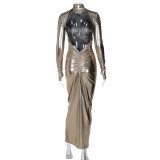 Backless Pleated Long Sleeve Midi Dress BLG-D3914314A