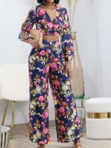 Fashion Print V Neck Two Piece Pants Set ZDF-31329