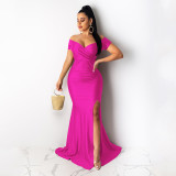 Sexy Solid Color Nightclub V Neck Split Long Dress AIL-243