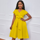 V-neck Solid Color Waisted Bow Tie Midi Dress GATE-A2-D3027C