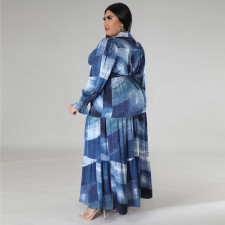 Plus Size Print Long Sleeve Lapel Maxi Dress GDAM-218285