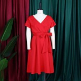 V-neck Solid Color Waisted Bow Tie Midi Dress GATE-A2-D3027C
