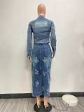 Fashion Embroider Long Sleeve Irregular Skirt Denim 2 Piece Set NYF-8159