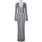 V Neck Long Sleeve Fishtail Dress BLG-D3A14436A