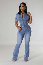 Short Sleeve Washed Slim Denim Jumpsuit LX-3567